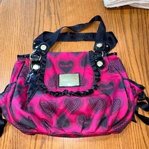 Betseyville Pink Black Heart Lace Print Ruffle Shoulder Bag Y2K Punk Rocker